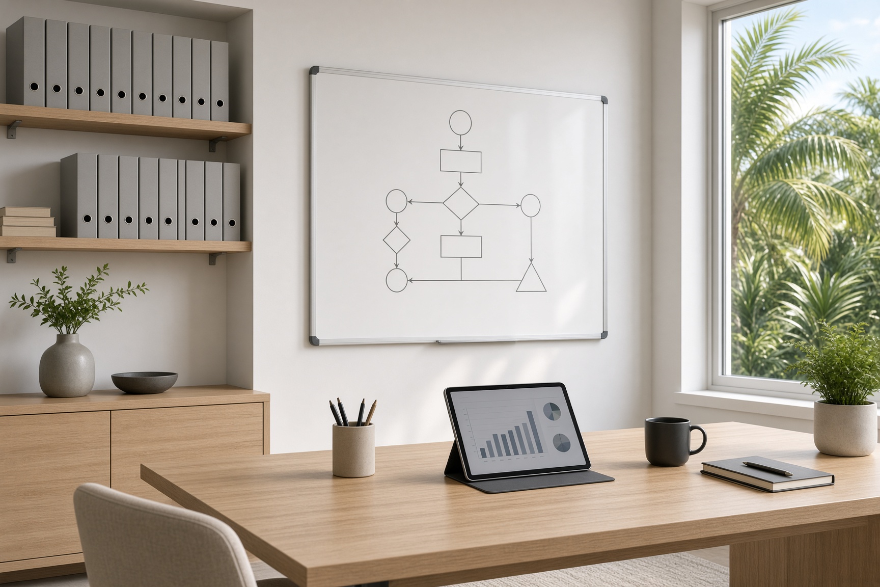 Organized operations studio with binders, process board, and KPI dashboard