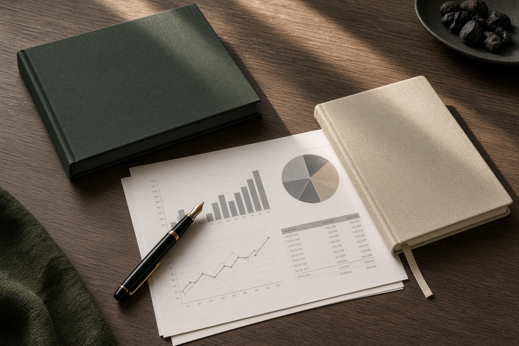 Business plan, financial charts, and fountain pen on a walnut desk